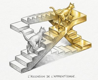 Illustration métaphorique d'un mentor en or guidant un apprenti, symbolisant la valeur d'écrire des formations pour transmettre son expertise.