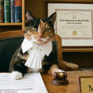 Chat tricolore en tenue d'avocat, Maître Isabelle, assis à son bureau avec un maillet et des documents juridiques, illustrant le cours e-learning LearnDash sur les obligations et la responsabilité du personnel hospitalier