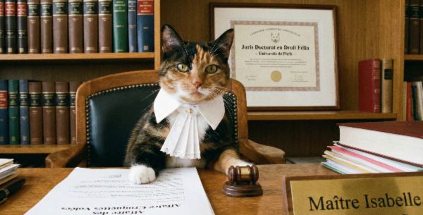Chat tricolore en tenue d'avocat, Maître Isabelle, assis à son bureau avec un maillet et des documents juridiques, illustrant le cours e-learning LearnDash sur les obligations et la responsabilité du personnel hospitalier
