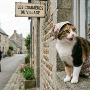 Illustration humoristique avec deux chats déguisés en commères à une fenêtre, panneau 'LES COMMÈRES DU VILLAGE', pour une formation en ligne sur la prévention des ragots, du harcèlement moral et le bien-être au travail en milieu hospitalier.