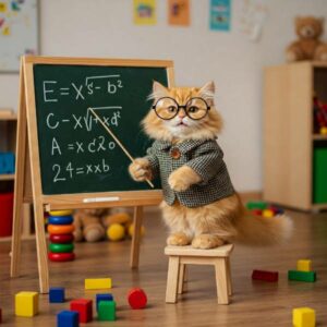 Illustration humoristique d'un chat professeur pour la formation concevoir une formation entre pairs à l'hôpital.