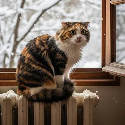 Un chat près d'une fenêtre enneigée.