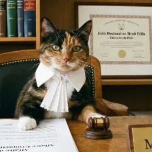 Chat tricolore en tenue d'avocat, Maître Isabelle, assis à son bureau avec un maillet et des documents juridiques, illustrant le cours e-learning LearnDash sur les obligations et la responsabilité du personnel hospitalier