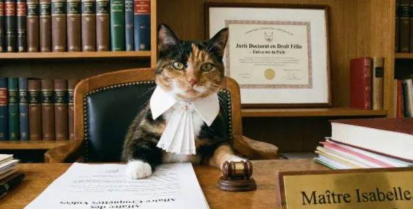 Chat tricolore en tenue d'avocat, Maître Isabelle, assis à son bureau avec un maillet et des documents juridiques, illustrant le cours e-learning LearnDash sur les obligations et la responsabilité du personnel hospitalier