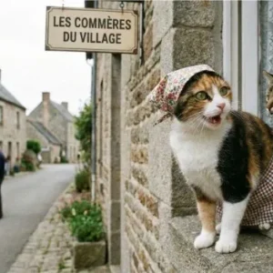 Illustration humoristique avec deux chats déguisés en commères à une fenêtre, panneau 'LES COMMÈRES DU VILLAGE', pour une formation en ligne sur la prévention des ragots, du harcèlement moral et le bien-être au travail en milieu hospitalier.