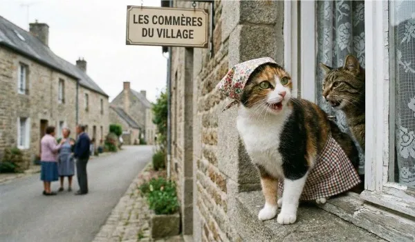 Illustration humoristique avec deux chats déguisés en commères à une fenêtre, panneau 'LES COMMÈRES DU VILLAGE', pour une formation en ligne sur la prévention des ragots, du harcèlement moral et le bien-être au travail en milieu hospitalier.